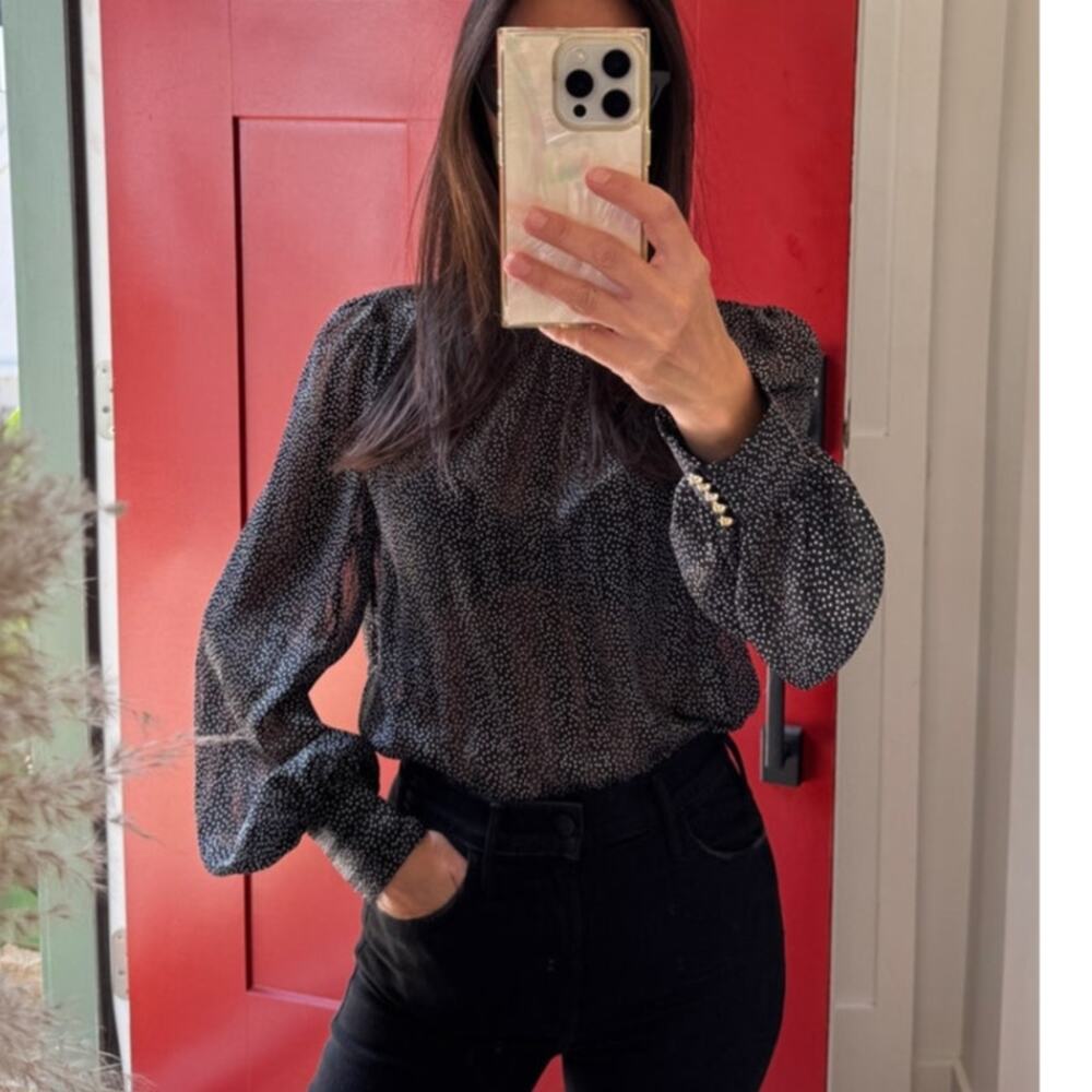 H&M Black Micro Polka Dot Blouse XS Gold Button Sheer Long Sleeve